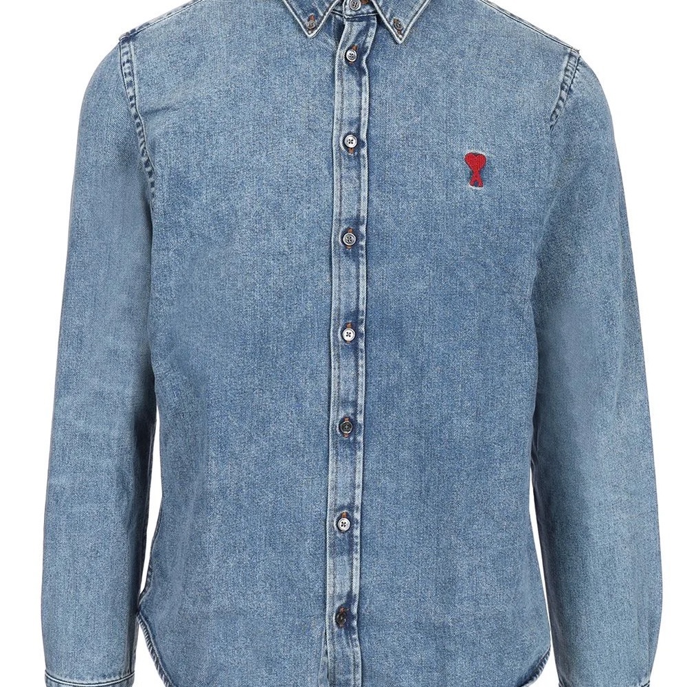 AMI Paris Blue Denim Button-Up Shirt with Red Logo Size X-Large